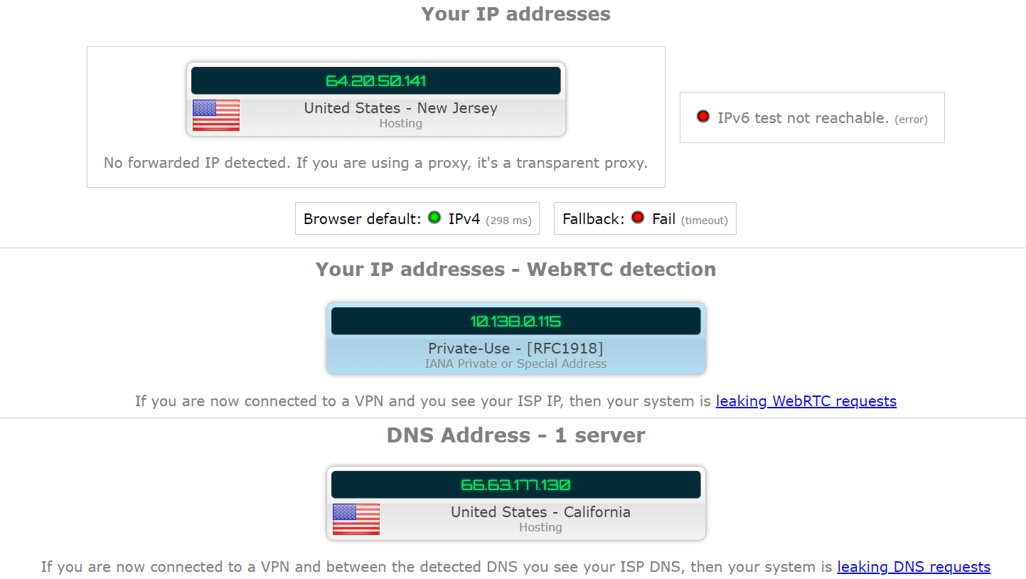 VPNSecure IP DNS leak test