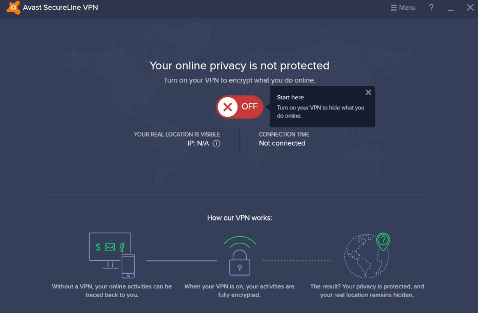 Avast SecureLine VPN one click interface