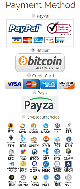 payment methods include paypal, credit card, payza, bitcoin and cryptocurrencies