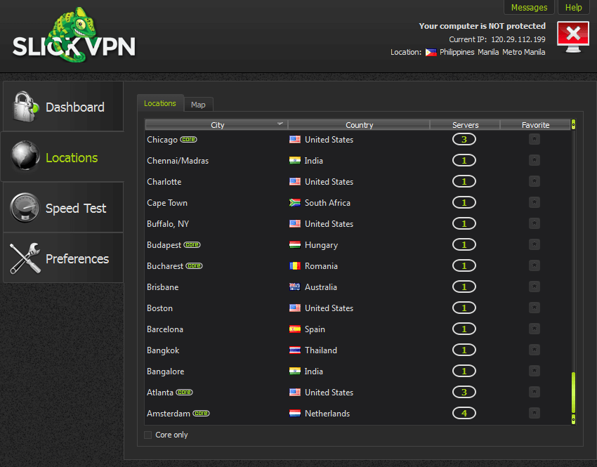 SlickVPN locations tab