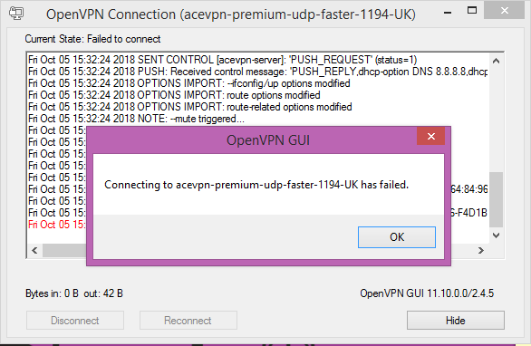 AceVPN connection failed UK