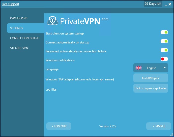 PrivateVPN app settings