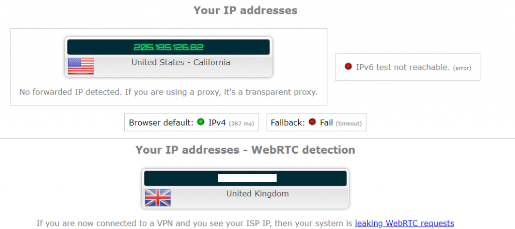 FinchVPN IP leak test