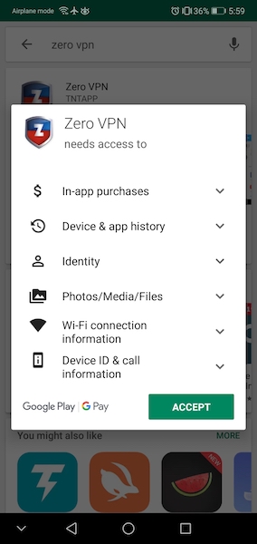 Zero VPN android app permissions