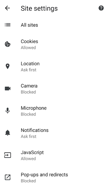 all site settings chrome android google