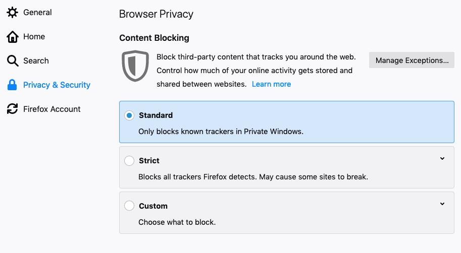 mozilla firefox privacy security settings content