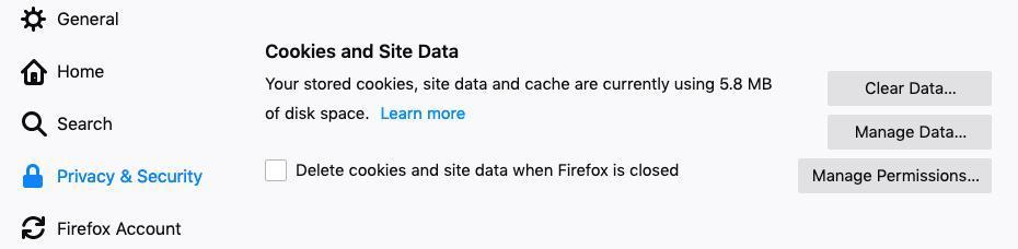 mozilla firefox cookies site data