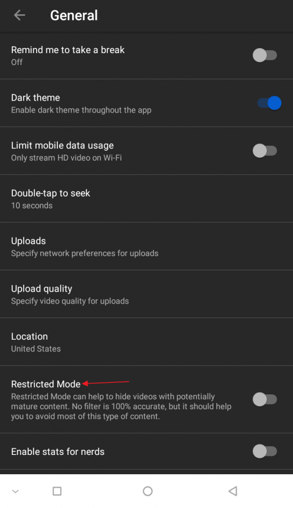 android youtube restricted mode setting